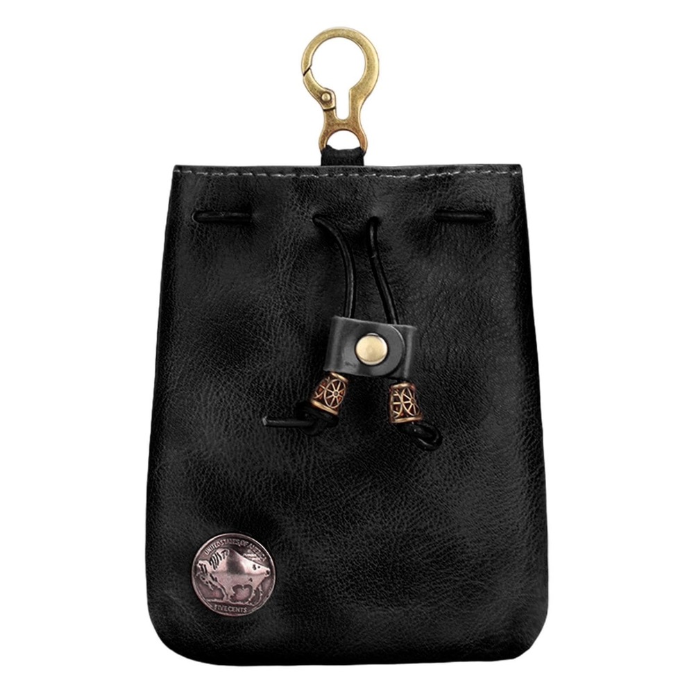 Black  FauxLeather Drawstring Pouch Buffalo Nickel Concho Key Ring Belt Clip Bag